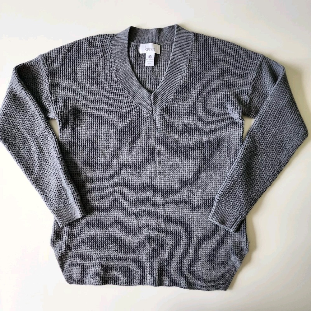 KERSH Wool Blend Gray Sweater Womens Small Knit Waffle Long Sleeve‎ Preppy